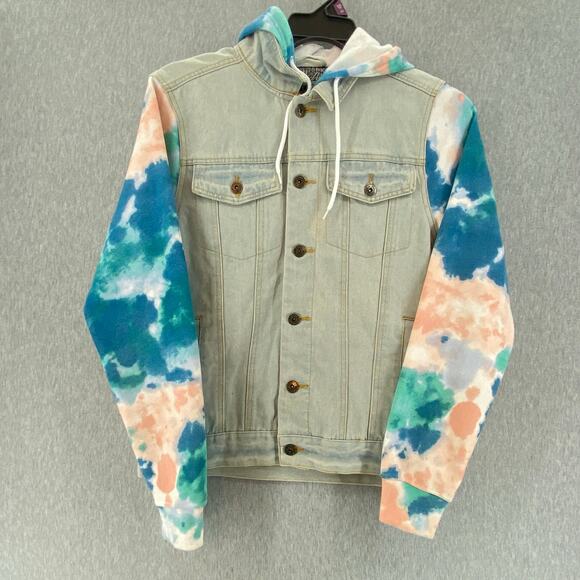 Brooklyn Cloth Mfg Denim Tie Dye Sleeve Button Front Hooded Jacket Mens Small - Picture 3 of 9